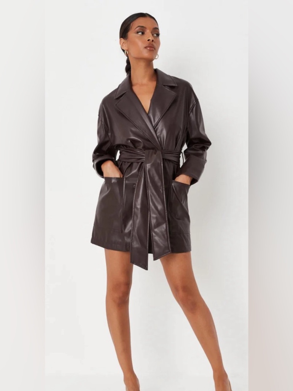 Faux Leather Belted Mini Trench Jacket - Dark Brown